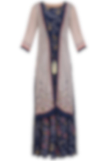 Indigo Blue Embroidered Printed Maxi Dress With Off White Jacket by Soup by Sougat Paul