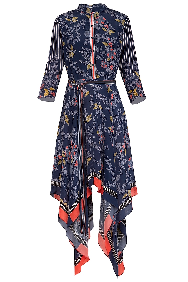 Indigo Blue Embroidered Printed High Neckline Dress by Soup by Sougat Paul