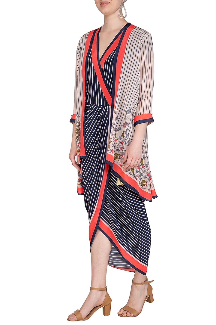 Indigo Blue Printed Draped Saree With Long Jacket by Soup by Sougat Paul at Pernia's Pop Up Shop