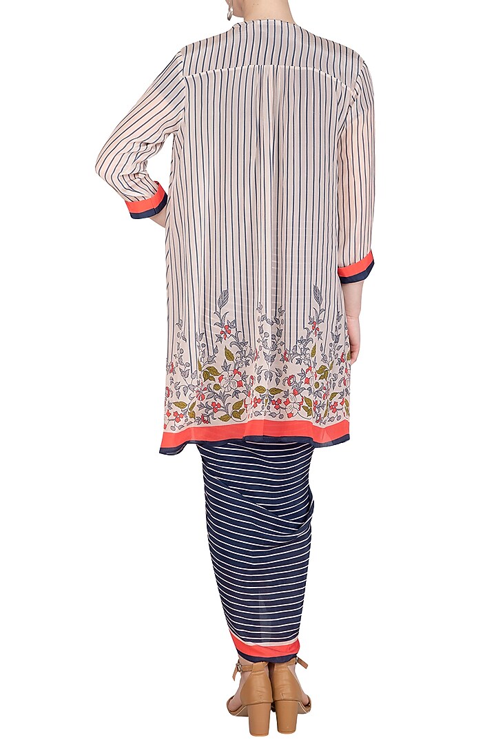 Indigo Blue Printed Draped Saree With Long Jacket by Soup by Sougat Paul at Pernia's Pop Up Shop