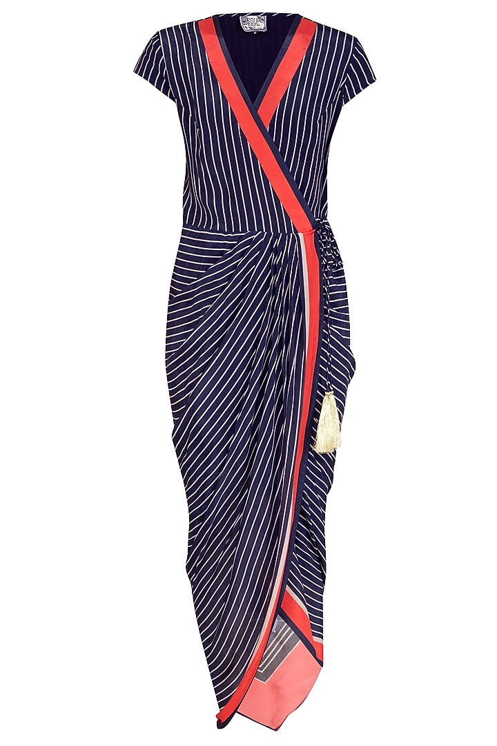 Indigo Blue Printed Draped Saree With Long Jacket by Soup by Sougat Paul at Pernia's Pop Up Shop