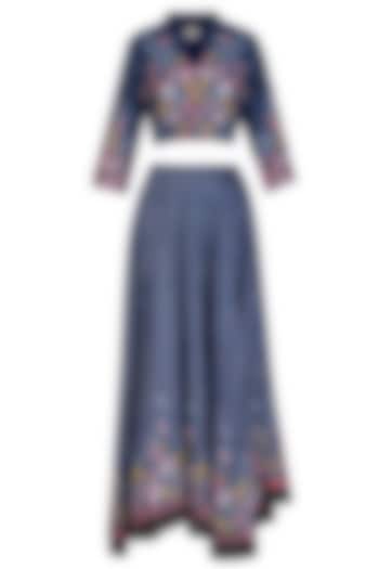 Indigo Blue Embroidered Printed Lehenga Skirt With Cropped Blouse by Soup by Sougat Paul