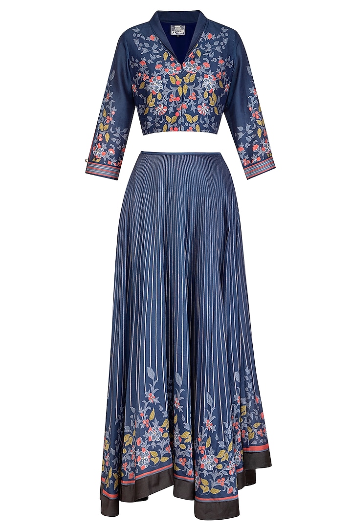 Indigo Blue Embroidered Printed Lehenga Skirt With Cropped Blouse by Soup by Sougat Paul