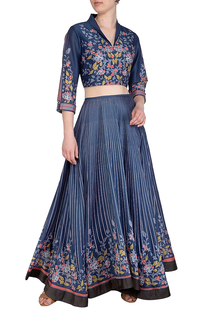 Indigo Blue Embroidered Printed Lehenga Skirt With Cropped Blouse by Soup by Sougat Paul at Pernia's Pop Up Shop