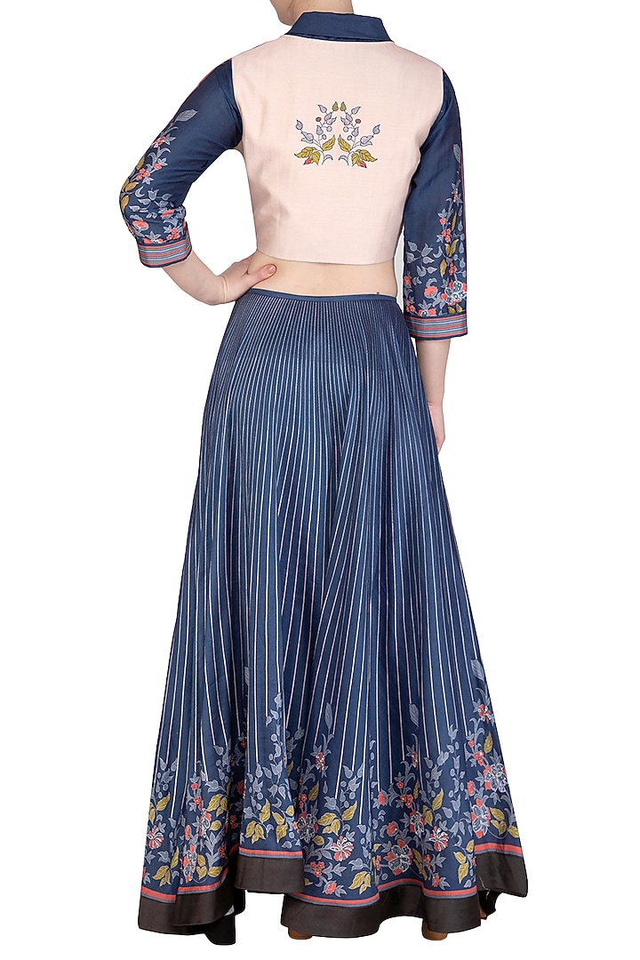Indigo Blue Embroidered Printed Lehenga Skirt With Cropped Blouse by Soup by Sougat Paul at Pernia's Pop Up Shop