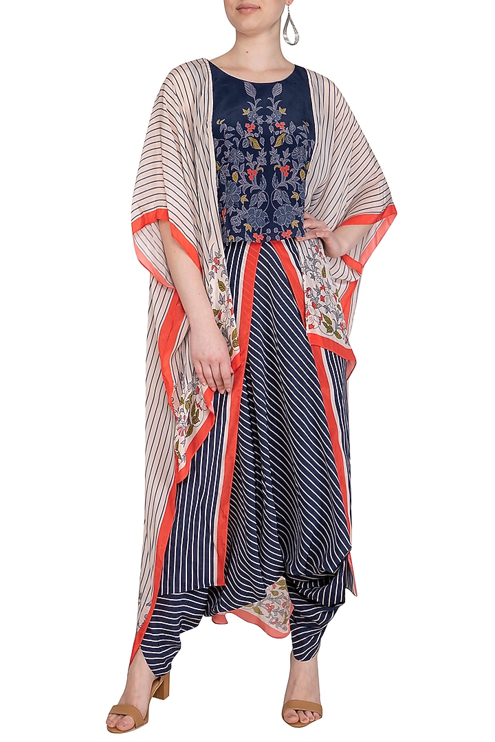 Indigo Blue Printed Top With Pants & Jacket by Soup by Sougat Paul at Pernia's Pop Up Shop