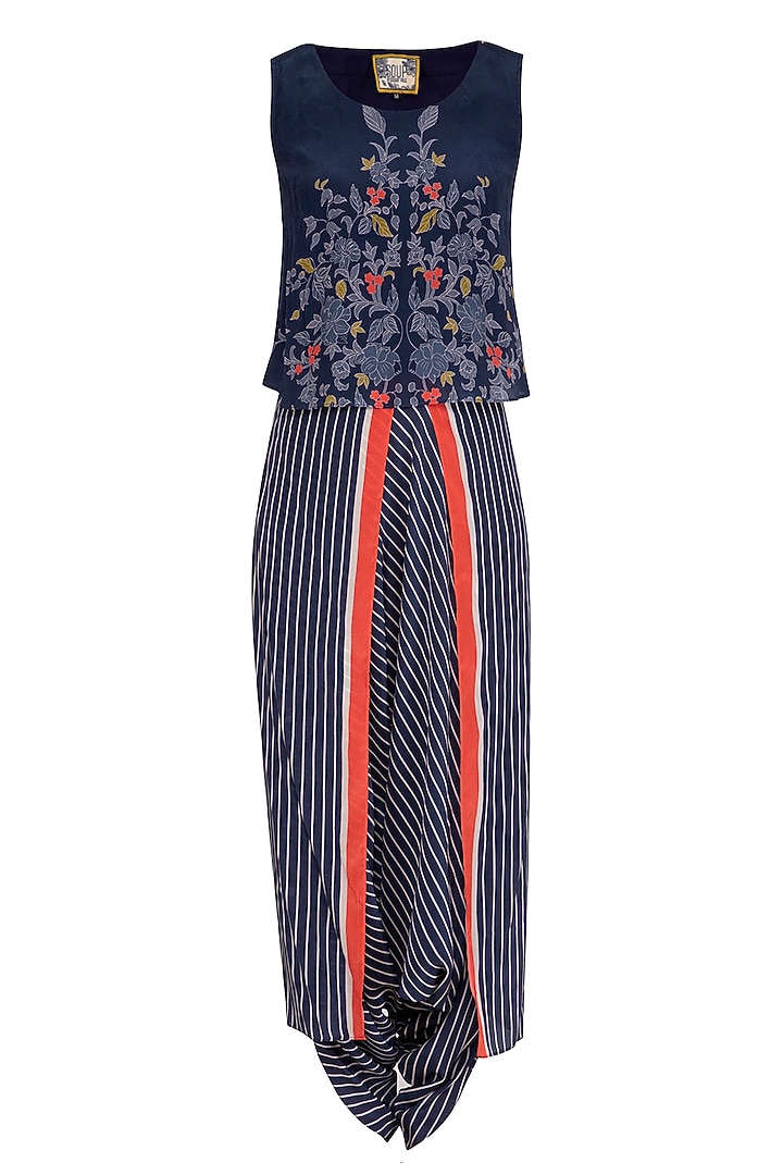 Indigo Blue Printed Top With Pants & Jacket by Soup by Sougat Paul at Pernia's Pop Up Shop