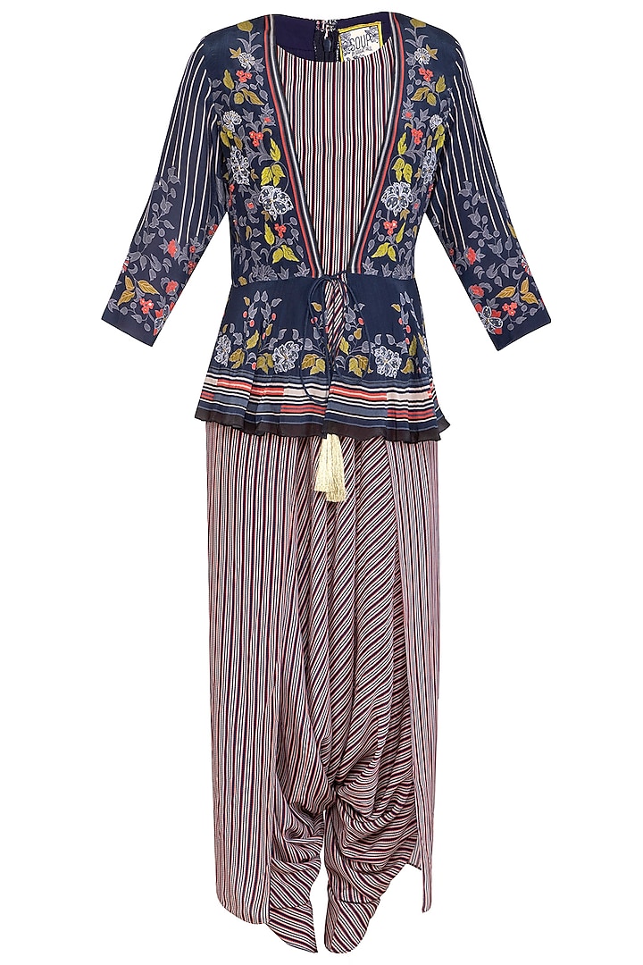 Off White Embroidered Printed Dhoti Jumpsuit With Indigo Blue Jacket by Soup by Sougat Paul