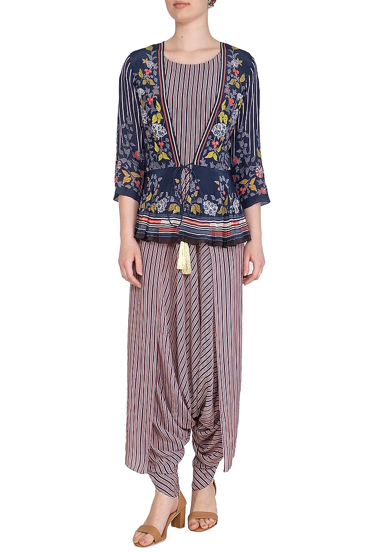 Off White Embroidered Printed Dhoti Jumpsuit With Indigo Blue Jacket by Soup by Sougat Paul at Pernia's Pop Up Shop