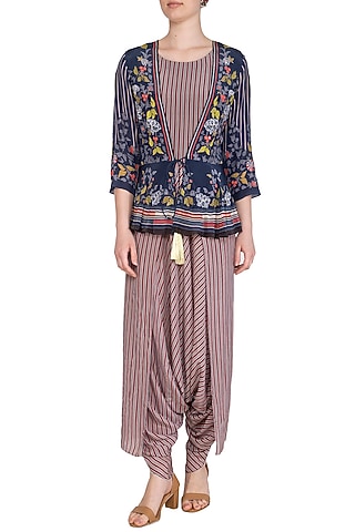 Off White Embroidered Printed Dhoti Jumpsuit With Indigo Blue Jacket by Soup by Sougat Paul