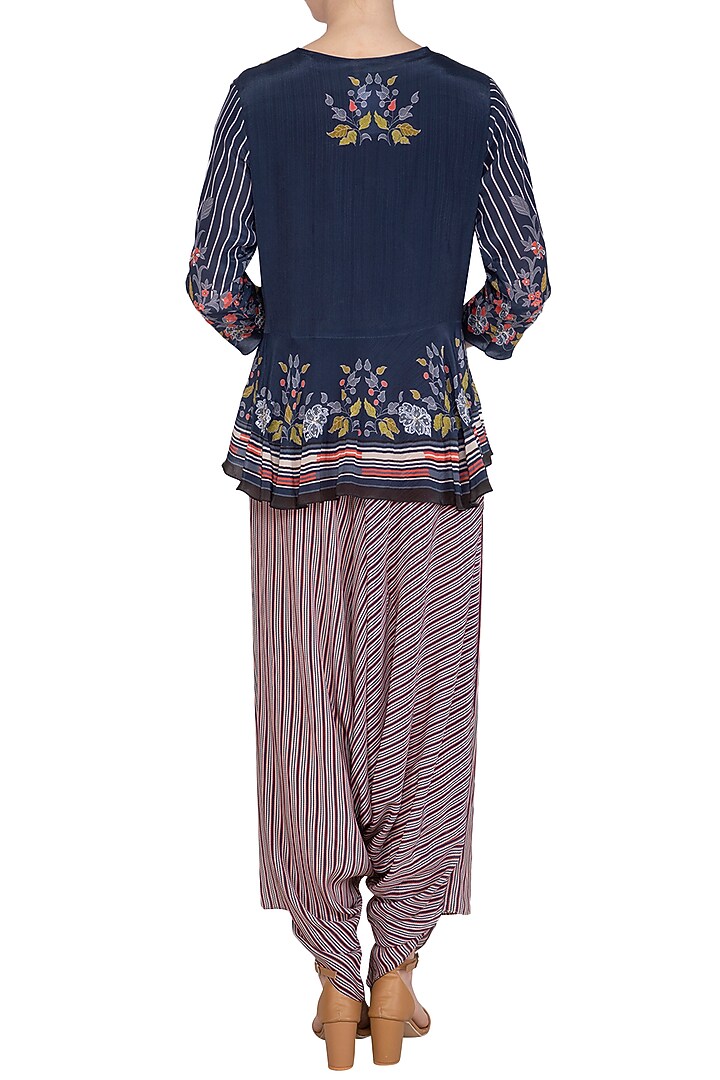 Off White Embroidered Printed Dhoti Jumpsuit With Indigo Blue Jacket by Soup by Sougat Paul at Pernia's Pop Up Shop