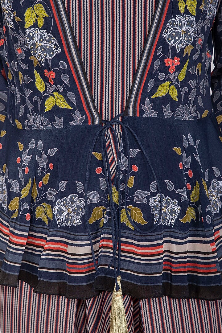 Off White Embroidered Printed Dhoti Jumpsuit With Indigo Blue Jacket by Soup by Sougat Paul at Pernia's Pop Up Shop