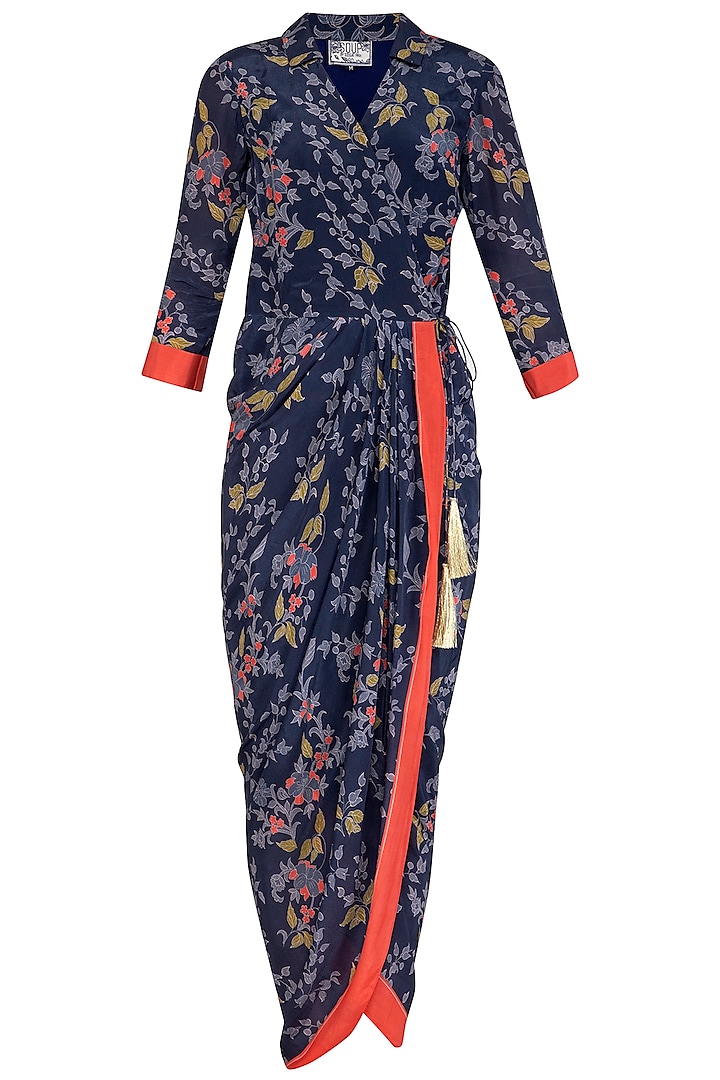 Indigo Blue Embroidered Printed Wrap Saree Gown by Soup by Sougat Paul