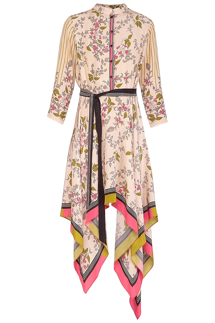 Off White Embroidered Printed High Neck Dress With Belt by Soup by Sougat Paul