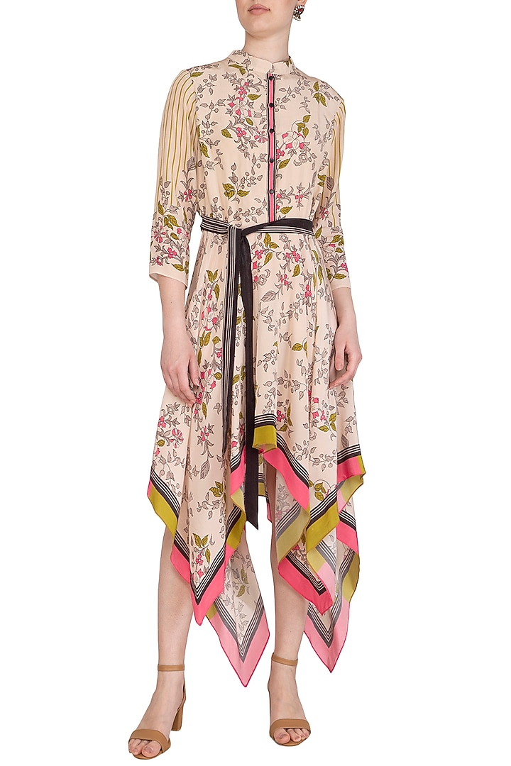 Off White Embroidered Printed High Neck Summer Dress With Belt by Soup by Sougat Paul at Pernia's Pop Up Shop