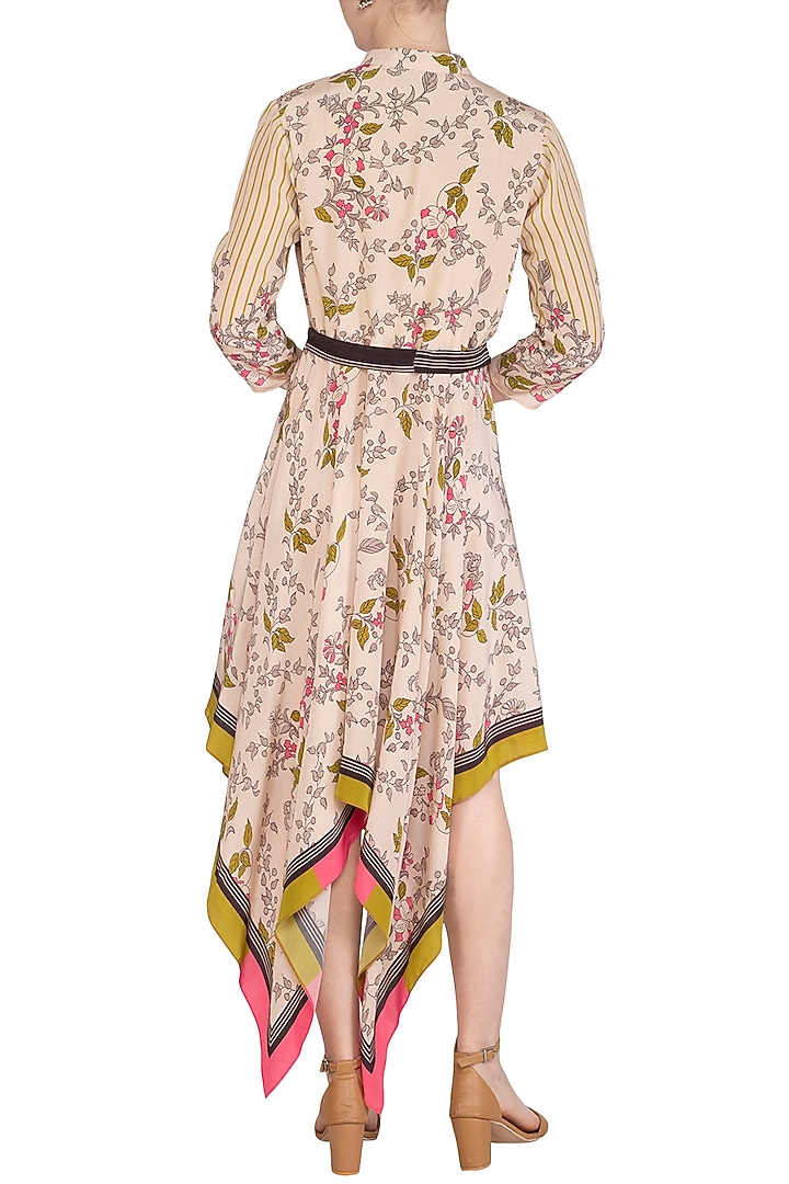 Off White Embroidered Printed High Neck Summer Dress With Belt by Soup by Sougat Paul at Pernia's Pop Up Shop