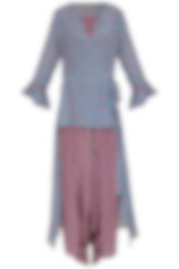 Powder Blue Printed Dhoti Jumpsuit With High-Low Jacket by Soup by Sougat Paul at Pernia's Pop Up Shop