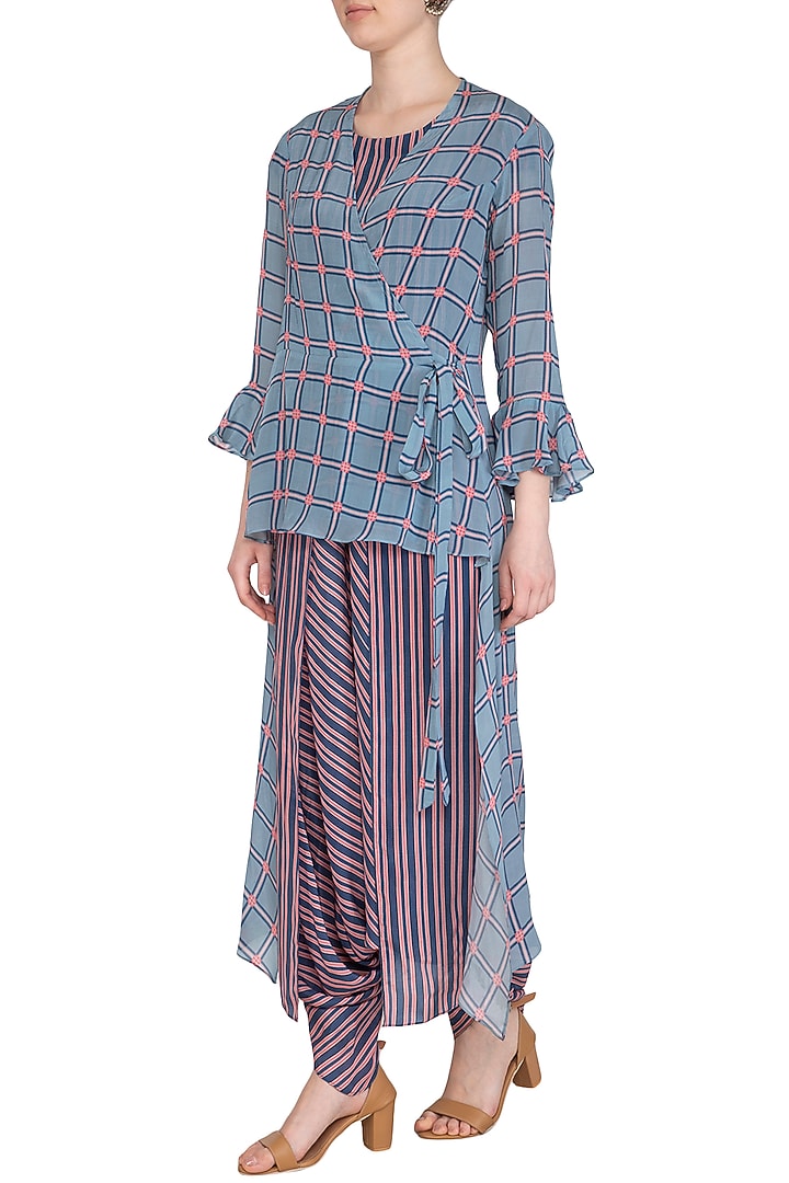 Powder Blue Printed Dhoti Jumpsuit With High-Low Jacket by Soup by Sougat Paul at Pernia's Pop Up Shop