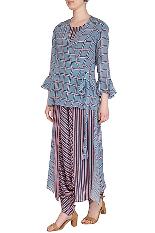 Powder Blue Printed Dhoti Jumpsuit With High-Low Jacket by Soup by Sougat Paul