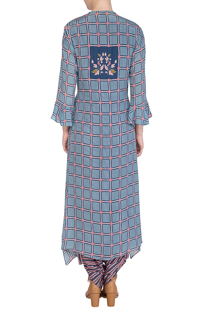 Powder Blue Printed Dhoti Jumpsuit With High-Low Jacket by Soup by Sougat Paul at Pernia's Pop Up Shop