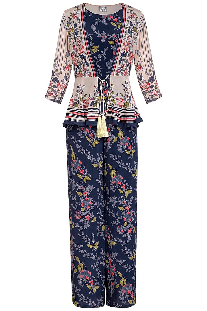 Indigo Blue Embroidered Printed Jumpsuit With Peplum Jacket by Soup by Sougat Paul