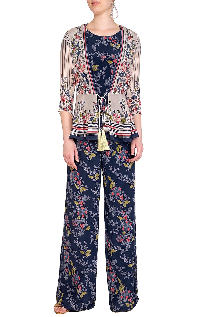 Indigo Blue Embroidered Printed Jumpsuit With Peplum Jacket by Soup by Sougat Paul at Pernia's Pop Up Shop