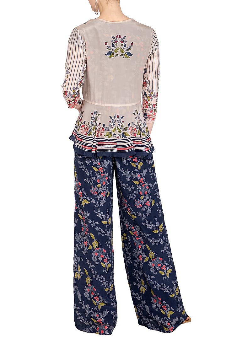 Indigo Blue Embroidered Printed Jumpsuit With Peplum Jacket by Soup by Sougat Paul at Pernia's Pop Up Shop