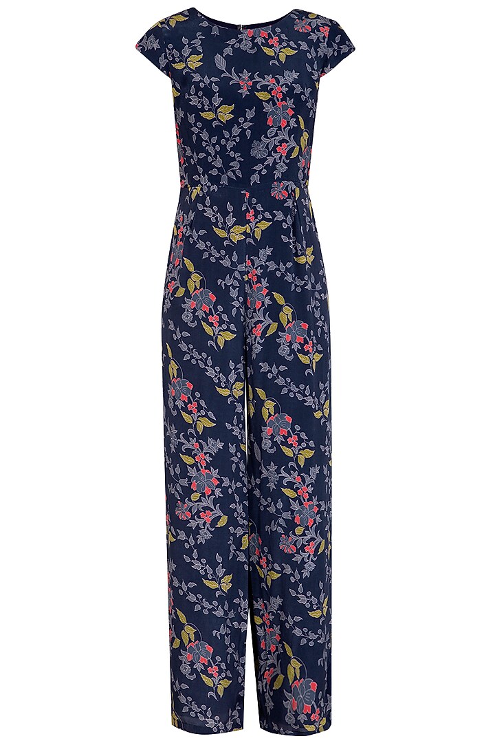 Indigo Blue Embroidered Printed Jumpsuit With Peplum Jacket by Soup by Sougat Paul at Pernia's Pop Up Shop