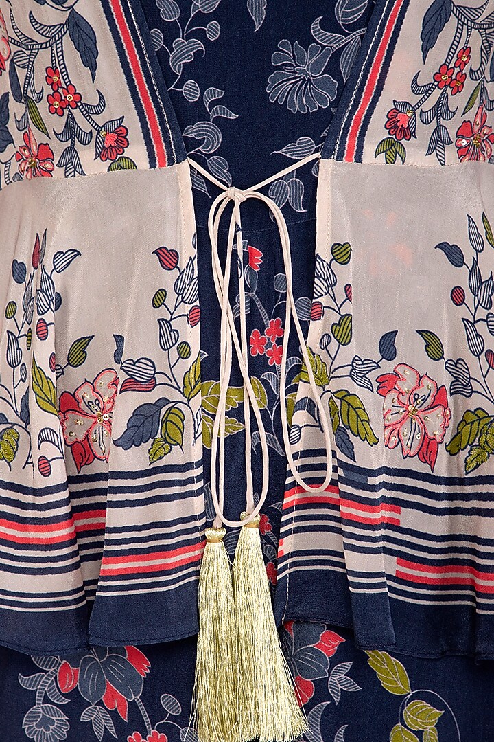Indigo Blue Embroidered Printed Jumpsuit With Peplum Jacket by Soup by Sougat Paul at Pernia's Pop Up Shop