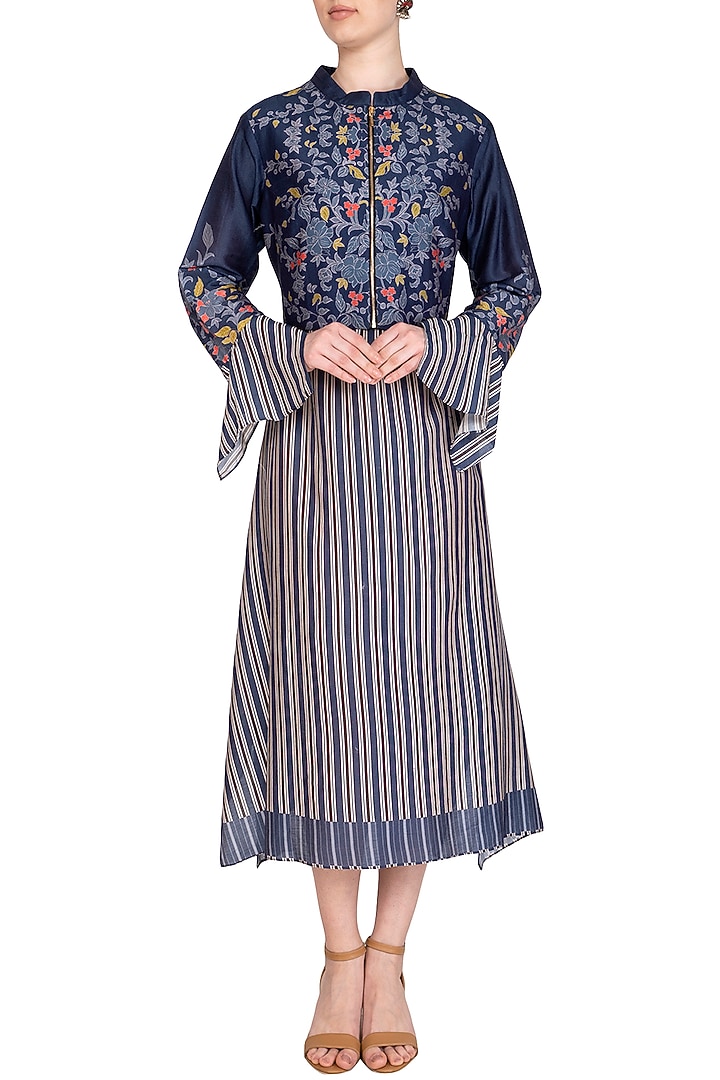 Indigo Blue Embroidered Printed Jacket With Midi Summer Dress by Soup by Sougat Paul at Pernia's Pop Up Shop