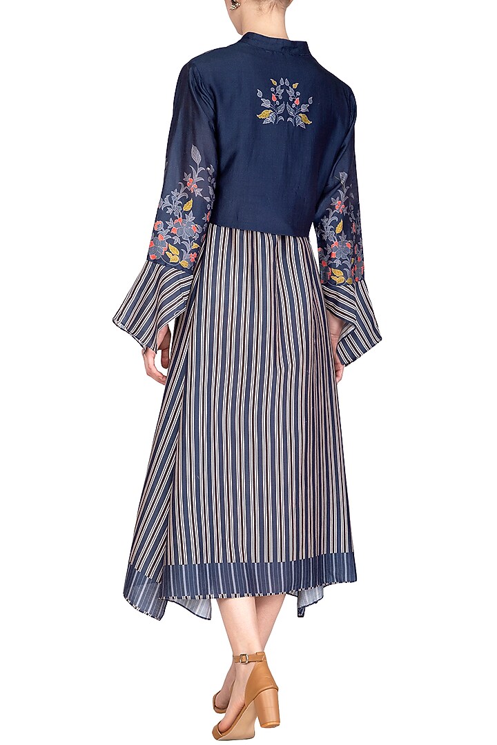 Indigo Blue Embroidered Printed Jacket With Midi Summer Dress by Soup by Sougat Paul at Pernia's Pop Up Shop