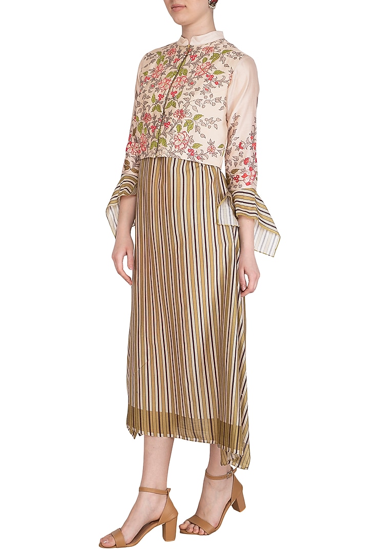 Off White Floral Printed & Embroidered Jacket With Midi Summer Dress by Soup by Sougat Paul at Pernia's Pop Up Shop