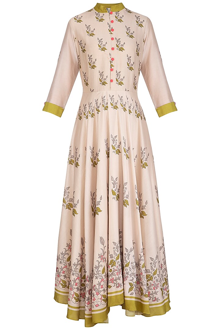 Off White Embroidered Printed Draped Anarkali Dress by Soup by Sougat Paul