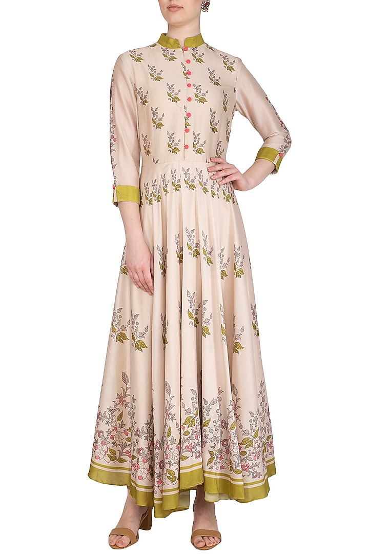 Off White Embroidered Printed Draped Party Wear Anarkali Dress by Soup by Sougat Paul at Pernia's Pop Up Shop