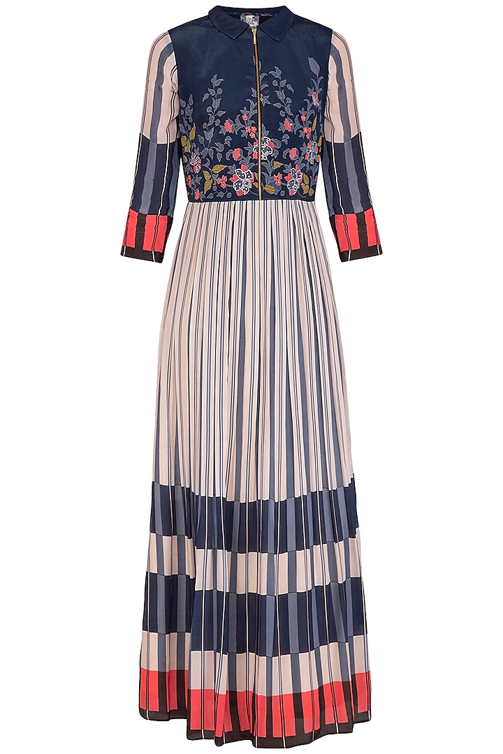 Indigo Blue Embroidered Printed Maxi Dress by Soup by Sougat Paul