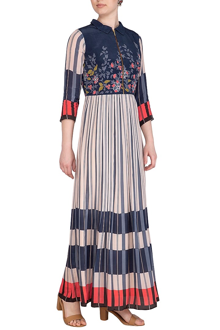Indigo Blue Embroidered Printed Maxi Vacation Dress by Soup by Sougat Paul at Pernia's Pop Up Shop