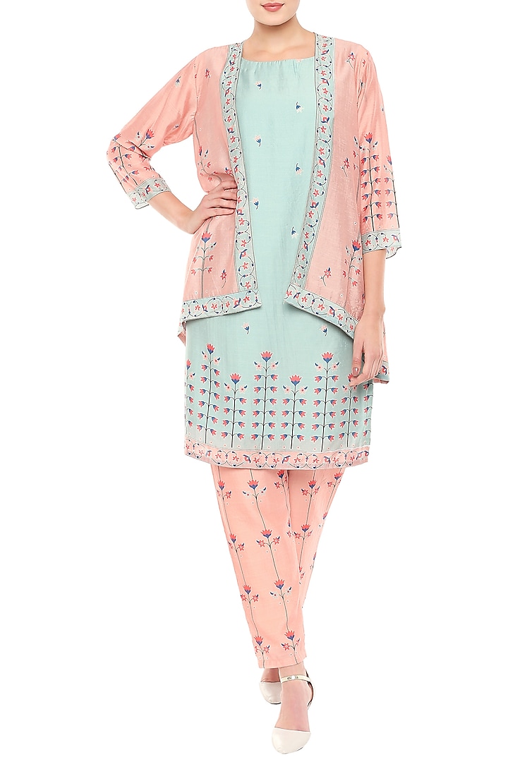 Peach & Blue Printed Kurta With Pants & Jacket by Soup by Sougat Paul