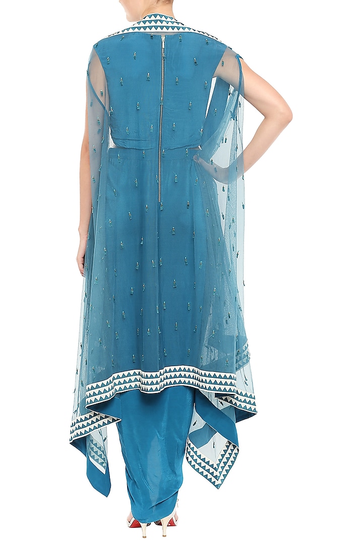 Blue Draped Vacation Dress With Belt & Hand Embroidered Cape Jacket by Soup by Sougat Paul at Pernia's Pop Up Shop