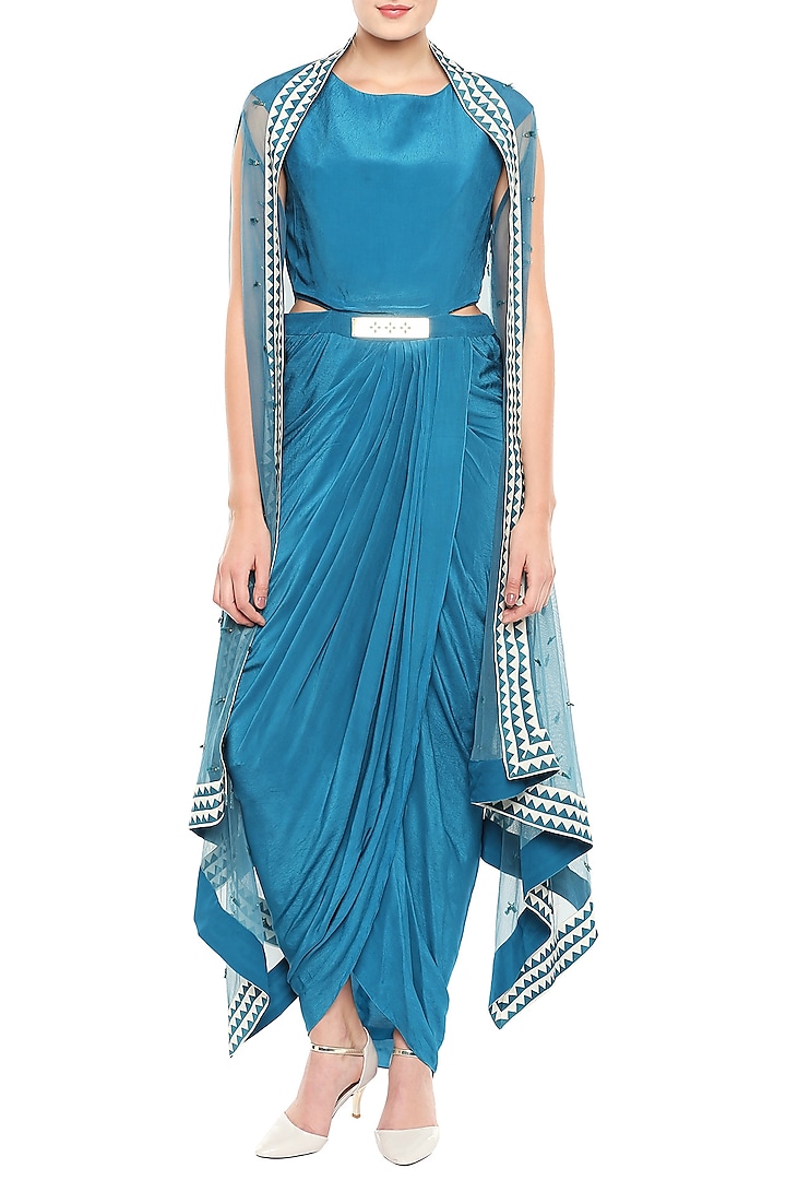Blue Draped Dress With Belt & Hand Embroidered Cape Jacket by Soup by Sougat Paul