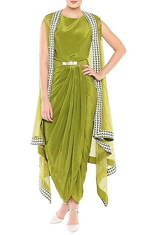 Olive Green Dress With Belt & Hand Embroidered Cape Jacket by Soup by Sougat Paul