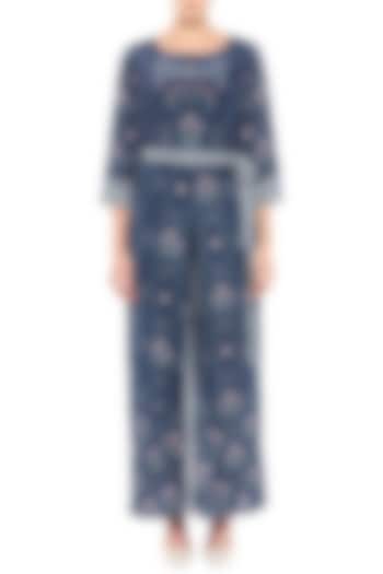 Navy Blue Printed Jumpsuit With Tie-Up Belt by Soup by Sougat Paul at Pernia's Pop Up Shop