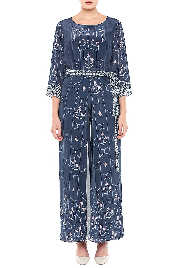 Navy Blue Printed Jumpsuit With Tie-Up Belt by Soup by Sougat Paul