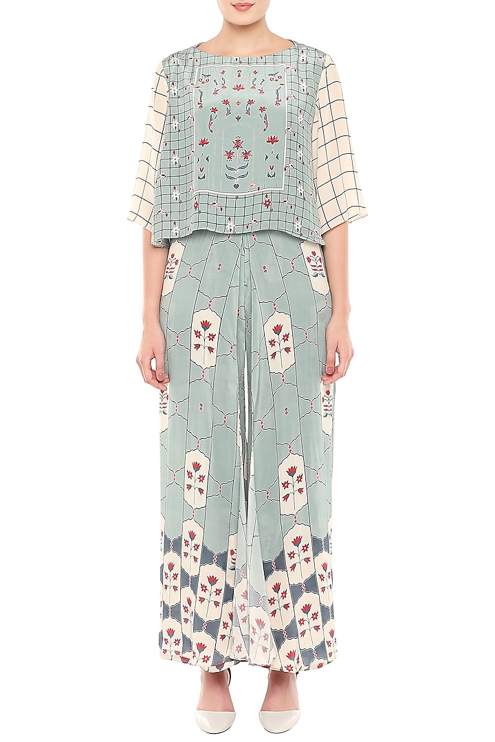 Beige & Blue Printed Top With Palazzo Pants by Soup by Sougat Paul