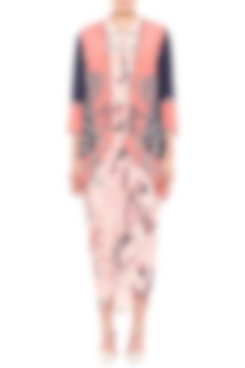 Multi Colored Printed Draped Dress With Asymmetrical Jacket by Soup by Sougat Paul