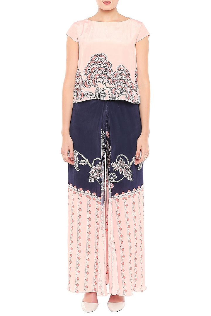 Baby Pink & Blue Printed Top With Palazzo Pants by Soup by Sougat Paul