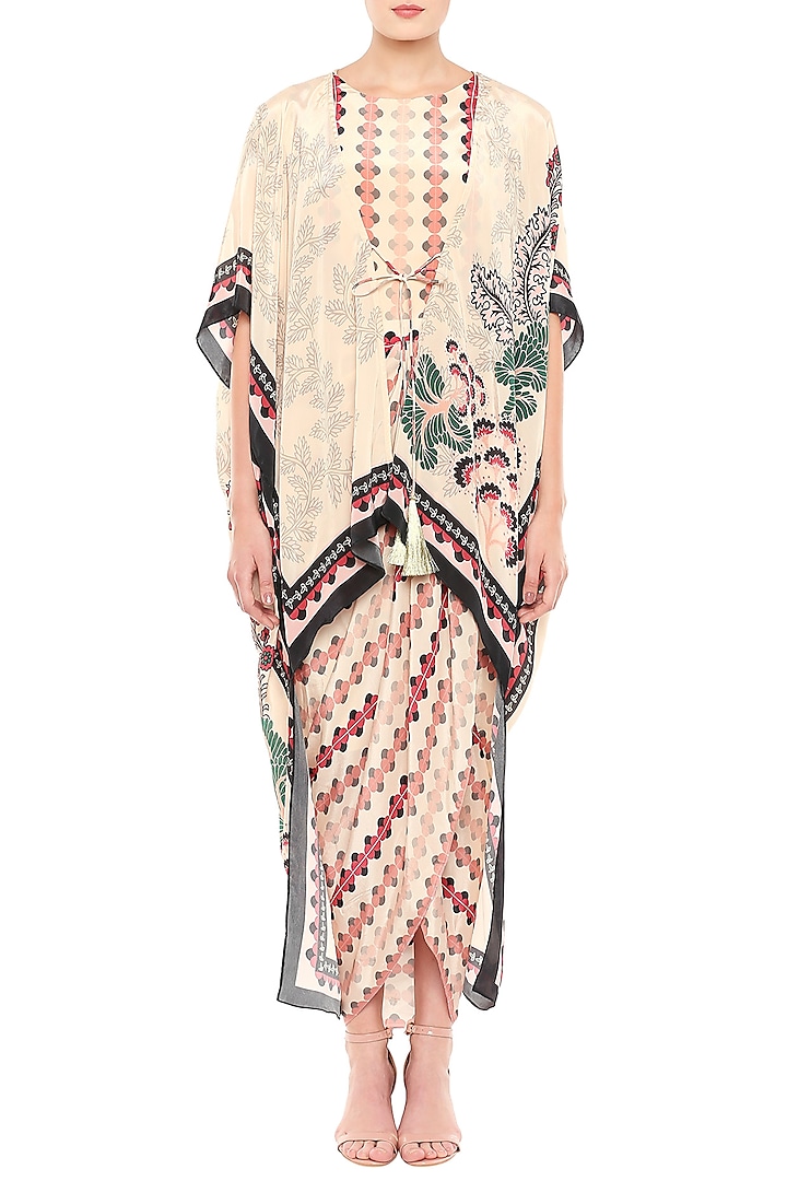 Baby Pink & Peach Printed Draped Dress With Asymmetrical Jacket by Soup by Sougat Paul