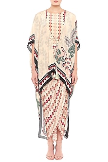 Baby Pink & Peach Printed Draped Dress With Asymmetrical Jacket Design ...