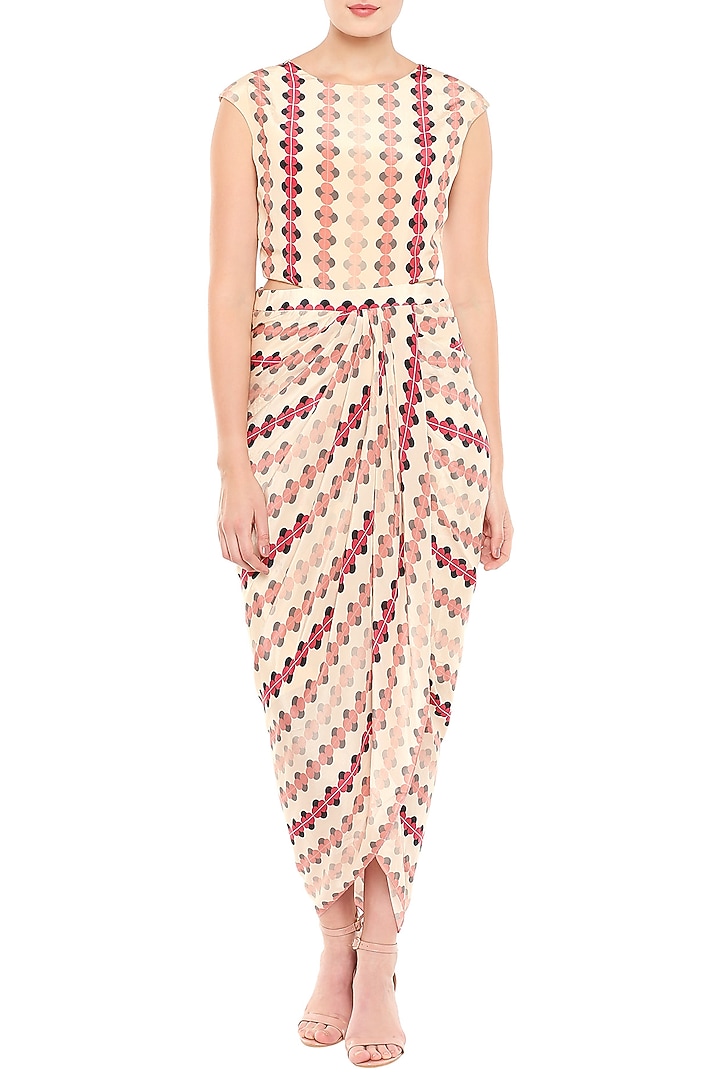 Baby Pink & Peach Printed Draped Vacation Dress With Asymmetrical Jacket by Soup by Sougat Paul at Pernia's Pop Up Shop