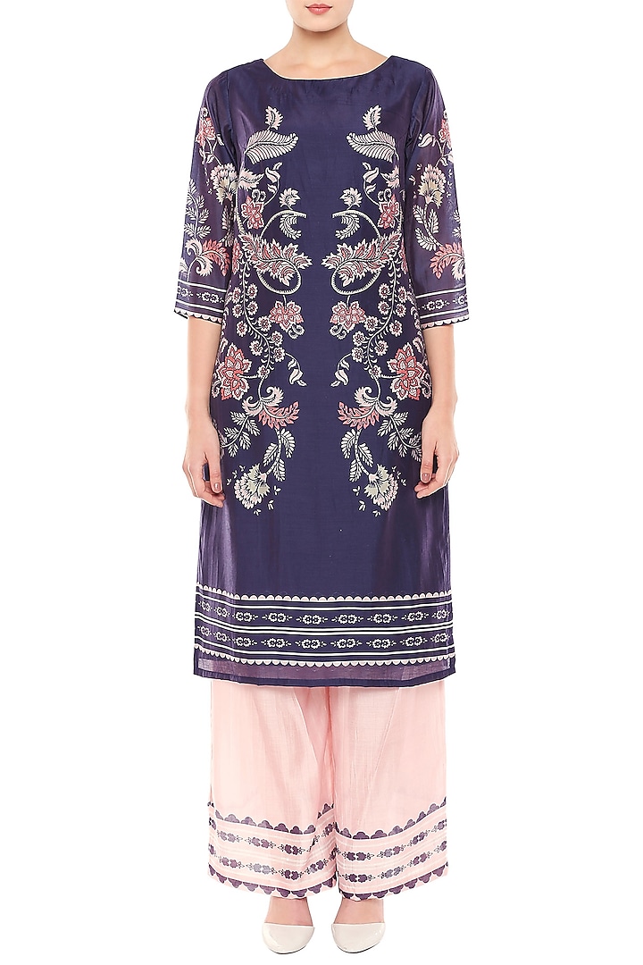 Navy Blue & Pink Printed Kurta With Palazzo Pants by Soup by Sougat Paul