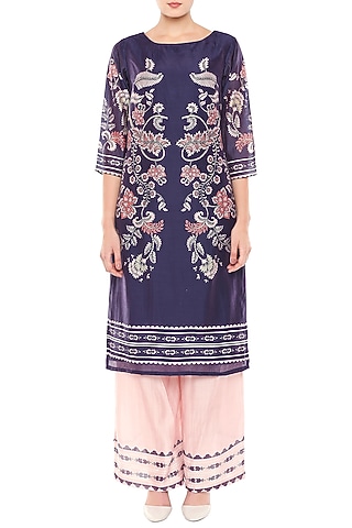 Navy Blue & Pink Printed Kurta With Palazzo Pants by Soup by Sougat Paul